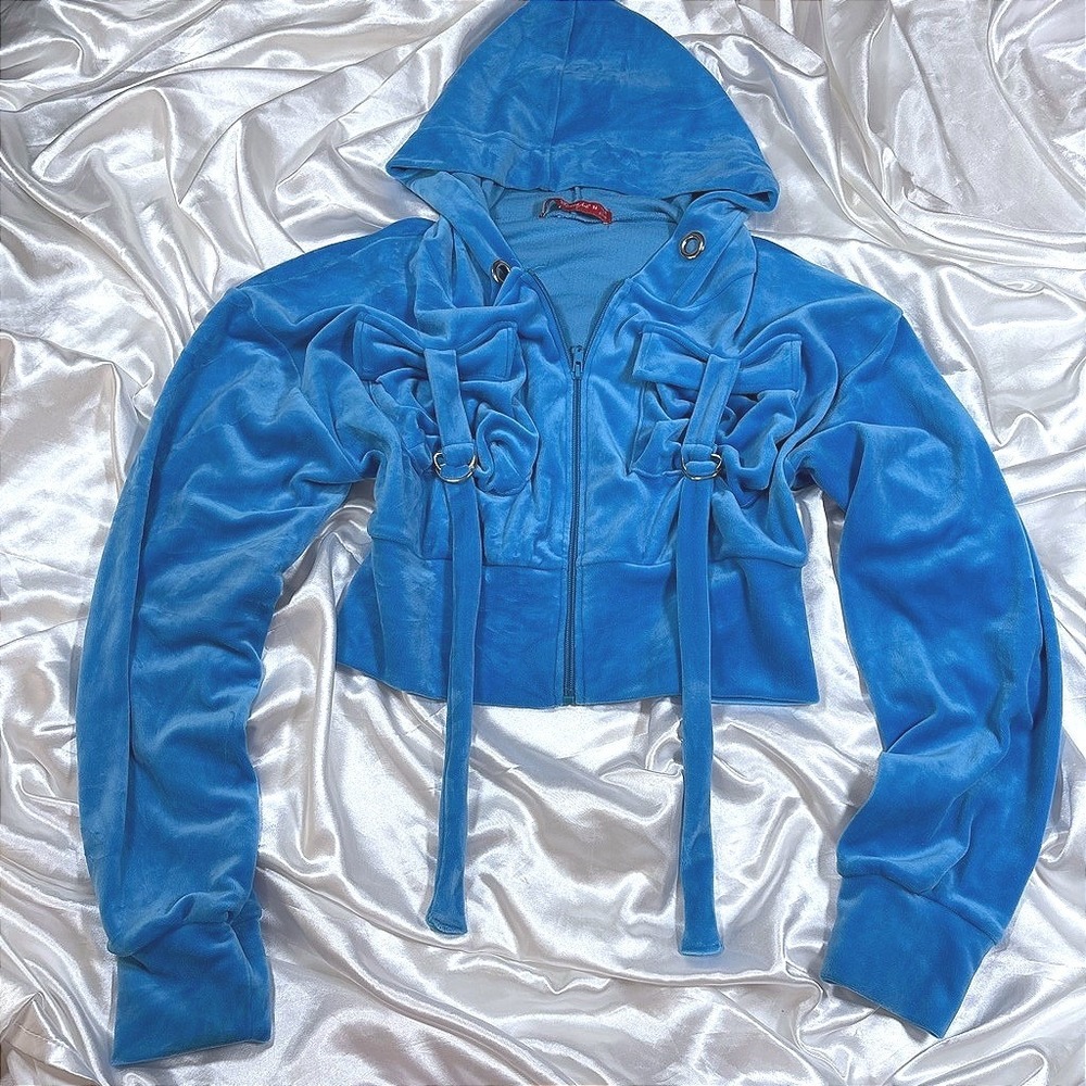y2k Hoodie Blue Excellent Roma Concept Velour Cropped Bow D-Ring Zip Up